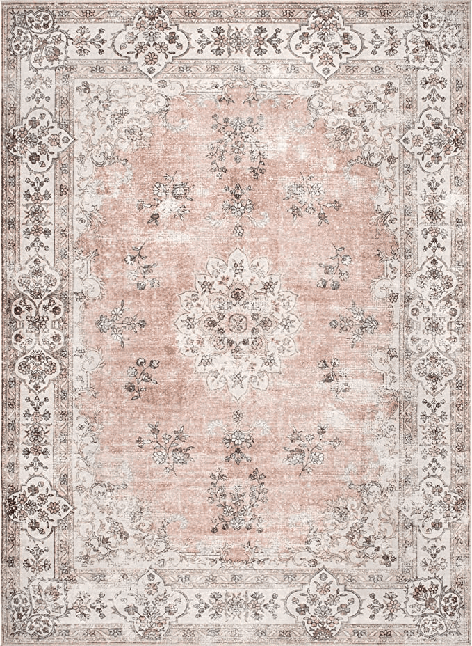 Geometric Pink Vintage Floral Machine Washable Area Rug