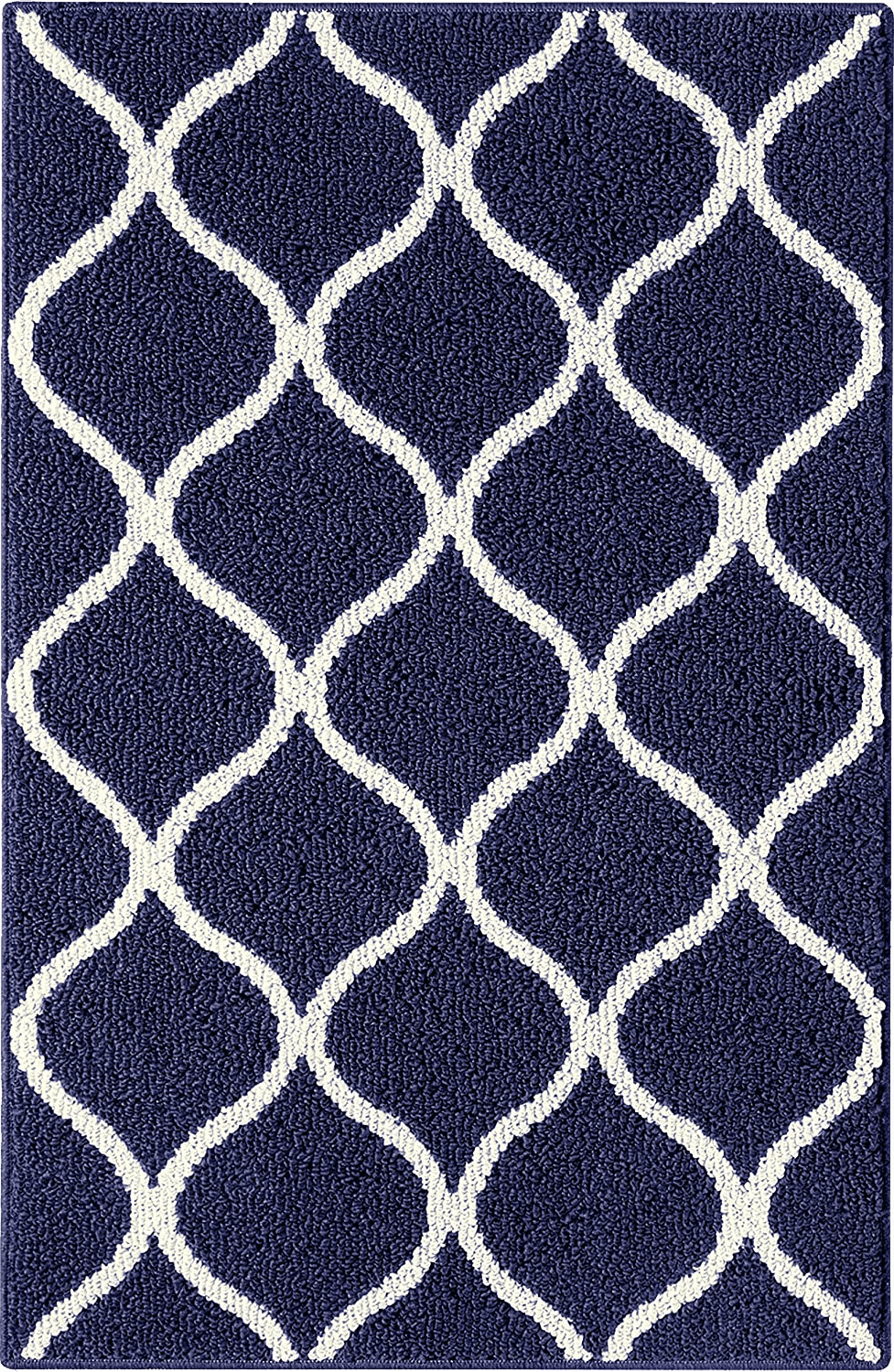 Geometric Blue Navy Blue/White Contemporary Fade Resistant, Stain-Resistant Kitchen, Bathroom, Bedroom, Hallway Throw Rug