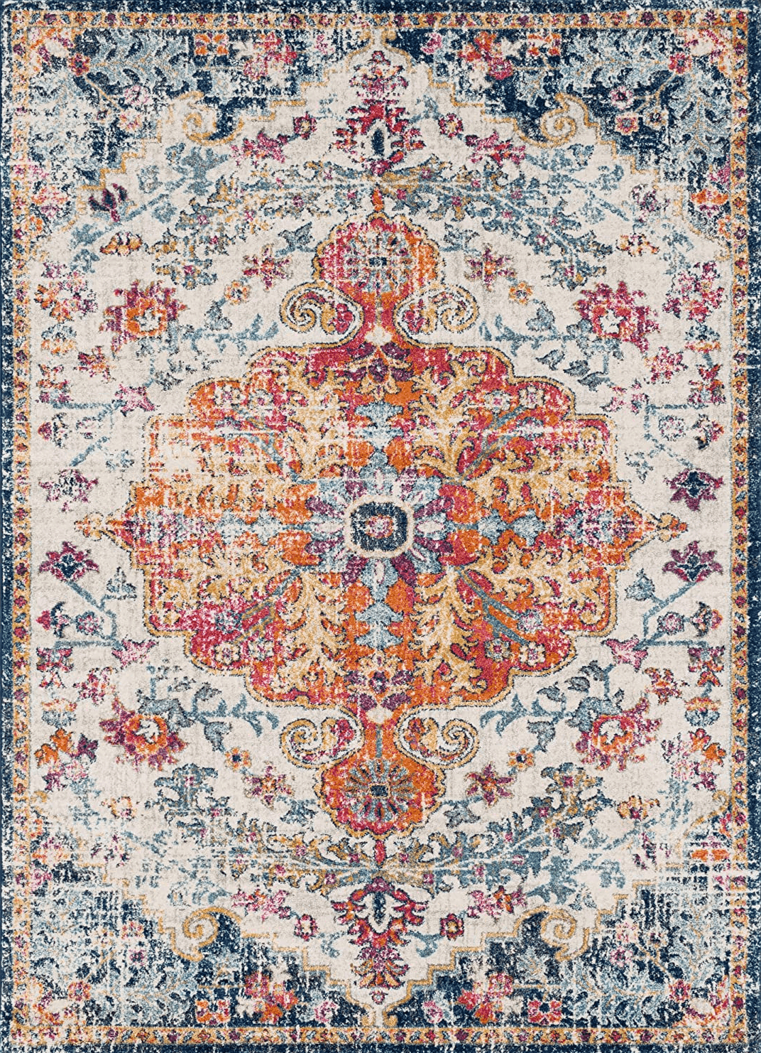 Colorful Multicolor Orange/Navy Traditional  Living Room Area Rug