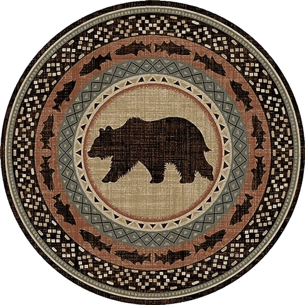 Southwest Circle Bear Terracotta Round Area Rug Bear Rug for Cabin Bear Non Skid Rug Rustic Rug Bear Lodge Plush Shades of Black/Brown, Green Home Decor