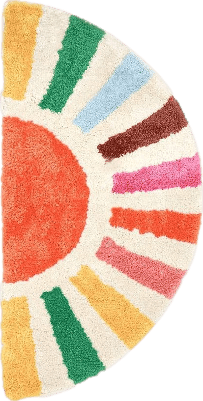 Colorful Multicolor Foeacry Retro Sun Bath Mat Non-Slip Half Circle Colorful Boho Rug for Bathroom, Soft Fluffy Water Absorbent Fiber Bathroom Mat, Cute Semi Round Rainbow Bath Rug for Shower Room