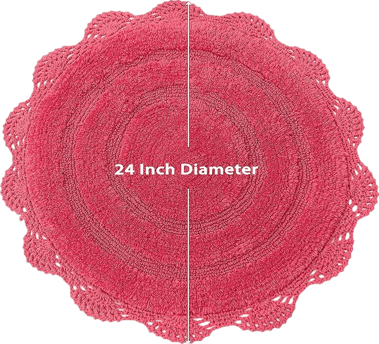 Bathroom All Rounds/Square Chardin home Coral Pink Crochet Bathrug,100% Cotton Round bathmat with artisanally Handcrafted Crochet Border, 24 Inch Diameter, Perfect for Half Baths, Powder Rooms, bathrooms