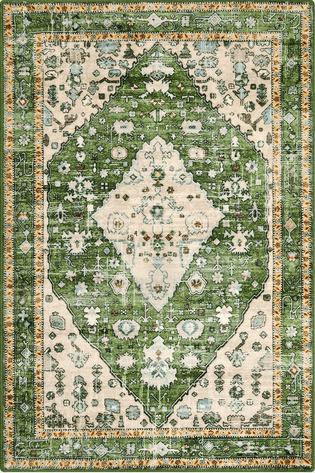 Lahome Boho Tribal Area Rug - 2x3 Distressed Small Green Rug for Entryway, Soft Non Slip Washable Bathroom Mat Bohemian Low Pile Indoor Floor Door Carpet for Entryway Chair Bedroom Living Room, Green