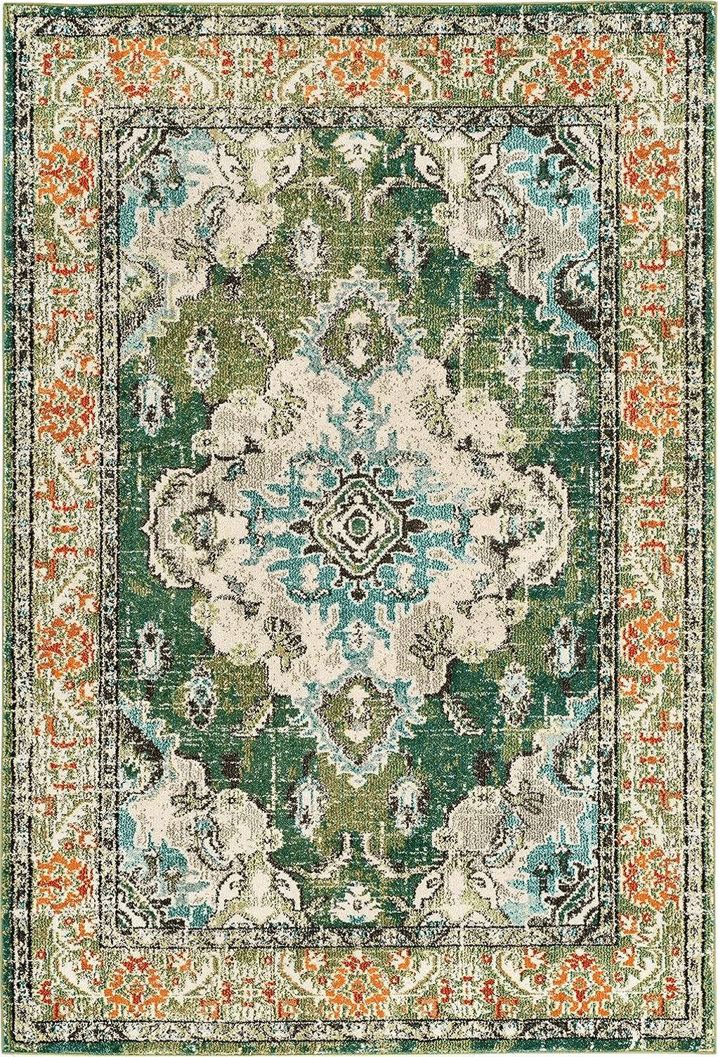 SAFAVIEH Monaco Collection Area Rug - 8' x 10', Forest Green & Light Blue, Boho Medallion Distressed Design, Non-Shedding & Easy Care, Ideal for High Traffic Areas in Living Room, Bedroom (MNC243F)