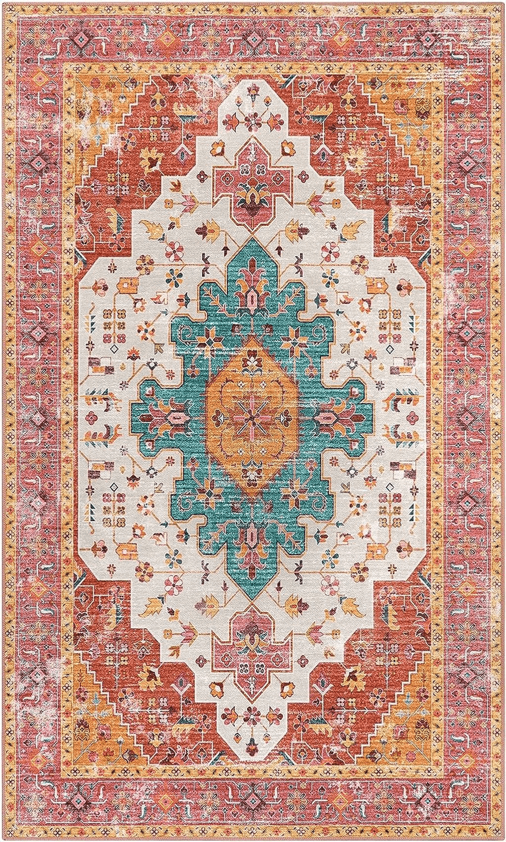 Moss Moynesa Ultra-Thin Washable Vintage Area Rug - 3x5 Persian Girls Bedroom Non-Slip Non-Shedding Oriental Medallion Living Room Mat Indoor Carpet for Office Nursery Room, Pink/Teal/Multi