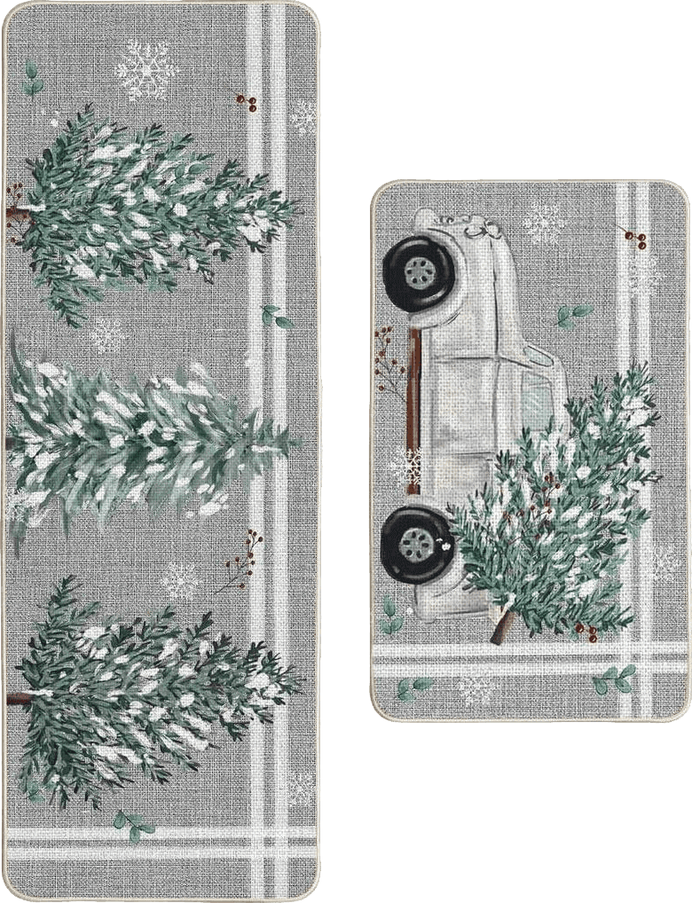 Artoid Mode Truck Pine Holly Stripes Christmas Decorative Kitchen Mats Set of 2, Home Decor Party Low-Profile Kitchen Rugs - 17x29 and 17x47 Inch