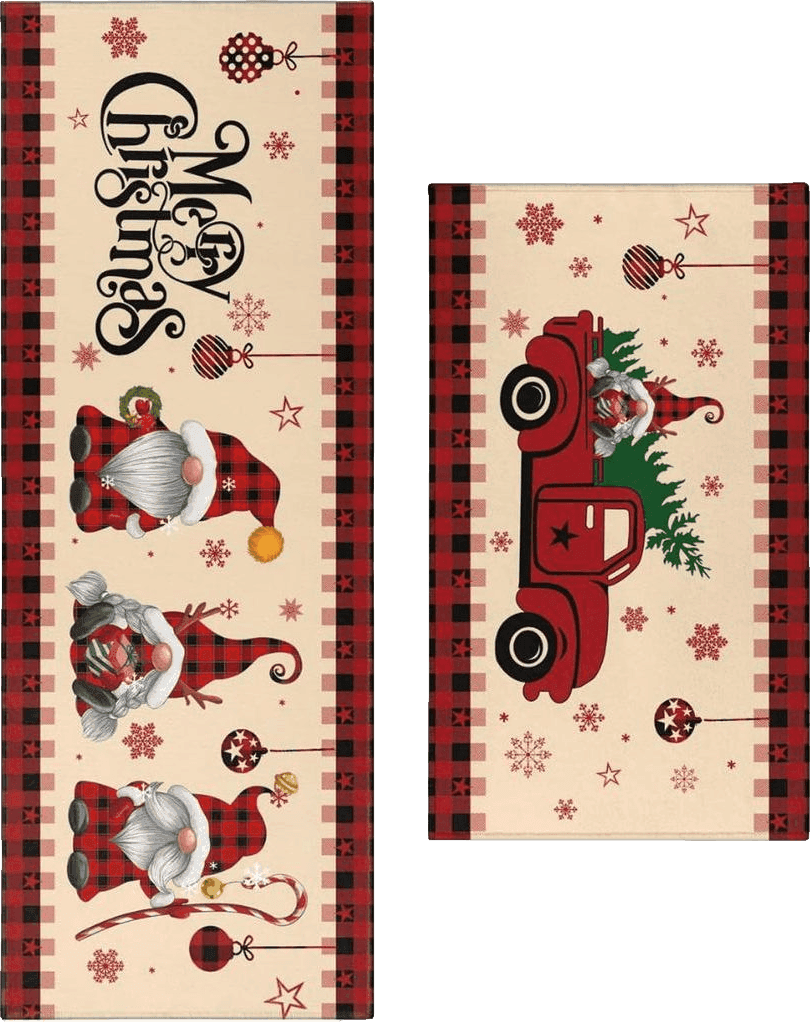 CocoBelin Christmas Gnome Kitchen Rug and Mat 2 Pcs,Red Truck Snowflake Tree Buffalo Plaid Bathroom Rug Non Slip Cushioned Mat Runner Rug Doormat for Christmas Farmhouse Kitchen Decor,17x30+17x47inch