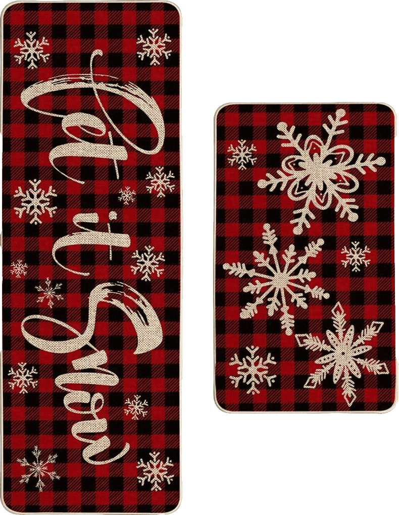 Artoid Mode Buffalo Plaid Snow Christmas Kitchen Rugs Set of 2, Let It Snow Xmas Winter Holiday Party Low-Profile Floor Mat Decorations for Home Kitchen - 17x29 and 17x47 Inch