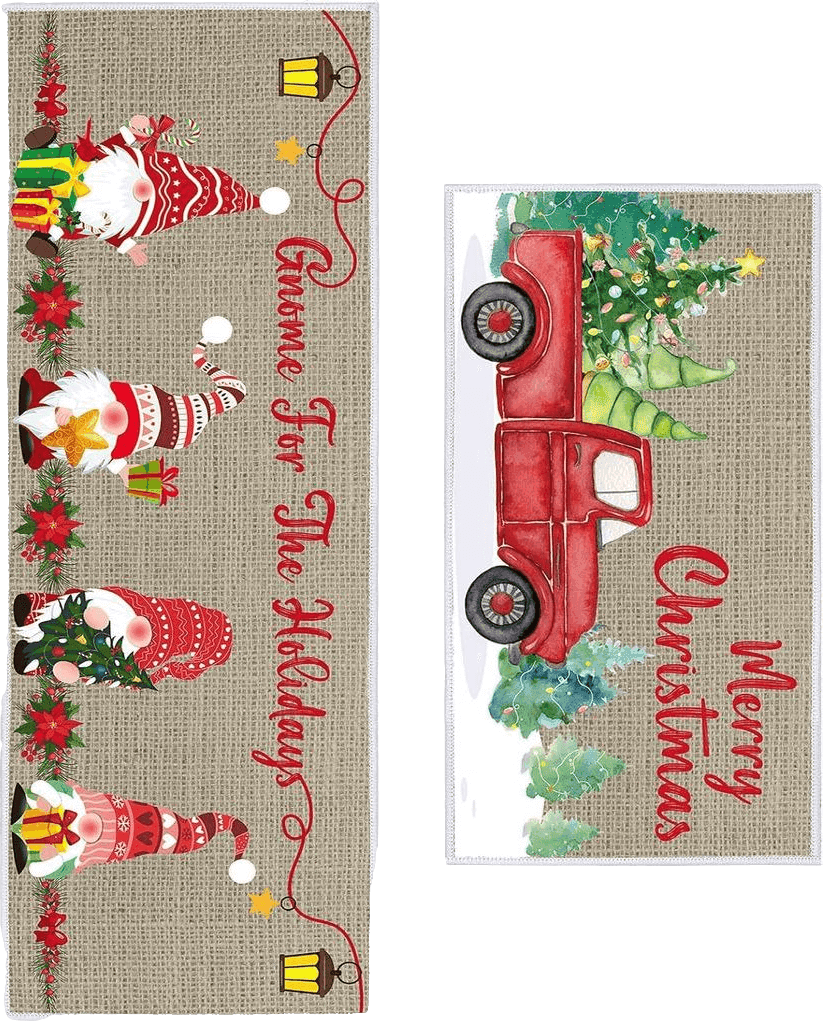 Outdoor Multicolor Christmas Kitchen Rugs Set of 2 Kitchen Floor Mats Non Slip Gnome Door Mats Winter Xmas Tree Red Truck Doormat Indoor Outdoor Entrance Door Rug, 16" x 30" and 16" x 47"