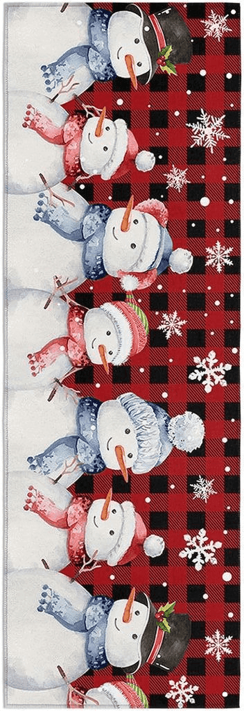 Hallway Runner Rug,Christmas Snowman Winter Snowflake Watercolor Art Red Black Buffalo Check Non Slip Water Absorbent Rug Indoor Entrance Floor Mat Runner for Home Garage Kitchen Laundry 19.7x63in