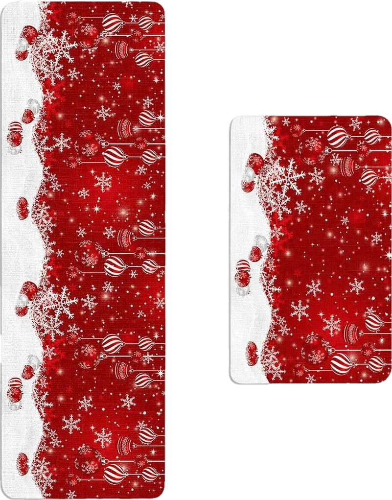 LUSWEET Xmas Kitchen Mat 2 Piece Christmas Kitchen Rugs Non Slip Winter Snowflake Mats Soft Glitter Sparkle Kitchen Runner Rug Water Absorbent Red Floor Mat for Kitchen,Sink,Laundry 16"x24"+16"x47"