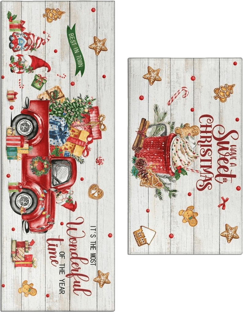 Christmas Kitchen Rugs and Mats Set of 2,Christmas Gnomes Gingerbread Truck Wood Grain Non-Slip Cozy Washable Floor Mats for Kitchen Sink Fronts and Christmas Farmhouse Kitchen Decor, 17x30+17x47Inch