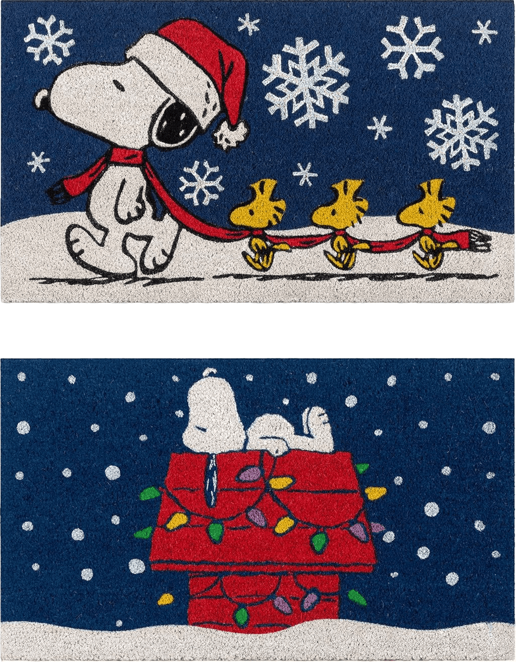 Outdoor Blue Gertmenian Peanuts Coir Mat (2-Pack), Indoor Outdoor Welcome Mats for Front Door, Home Entrance, Garage, and Back Door, Home Decor, 20" x 34" Each, Snoopy Snowflake/Dog House Lights, 80004