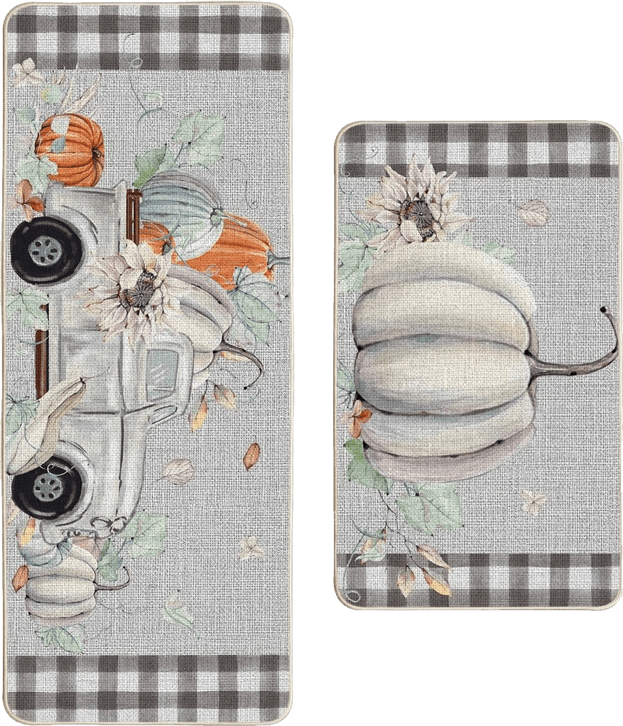 Disney Artoid Mode Buffalo Plaid Pumpkin Truck Leaves Fall Kitchen Mats Set of 2, Home Decor Low-Profile Kitchen Rugs for Floor - 17x29 and 17x47 Inch
