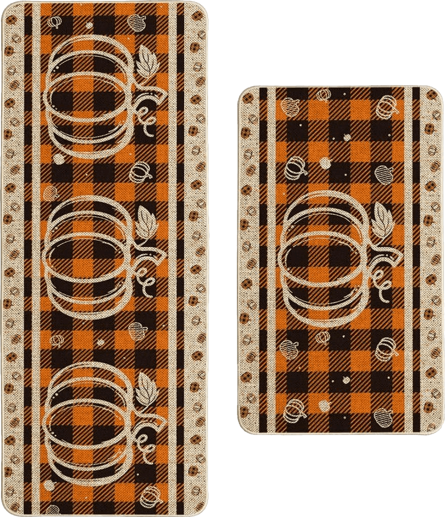 Runner All Runners Artoid Mode Buffalo Plaid Pumpkin Fall Kitchen Mats Set of 2, Home Decor Low-Profile Kitchen Rugs for Floor - 17x29 and 17x47 Inch