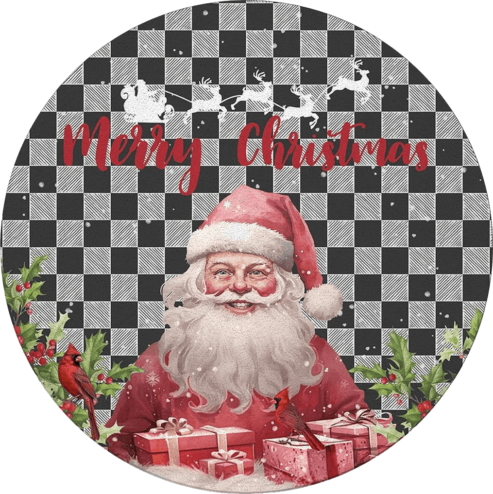 Christmas Round Area Rug 3ft,Washable Outdoor Indoor Carpet Runner Rug for Bedroom,Kitchen,Bathroom,Living/Dining/Laundry Room,Office,Area+Rug Bath Door Mat Black Lattice Santa Pine Berry