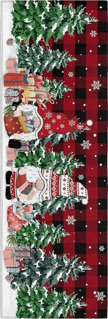 Hallway Runner Rug,Merry Christmas Tree Gift Snowflakes Red Black Plaid Winter Non Slip Water Absorbent Rug Indoor Entrance Floor Mat Runner for Home Garage Kitchen Laundry 15.7x47.2in