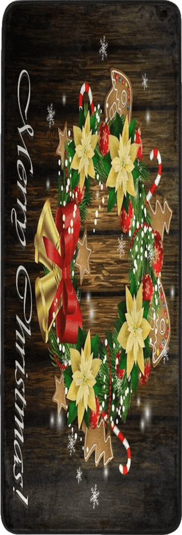 Bright Christmas Wreath Area Rug Non Skid, Xmas Gold Bell Washable Hallway Runner Rugs Laundry Room Rug Mats Soft Kitchen Absorbent Floor Mat Carpet for Entrance Bedroom Living Room 72x24in