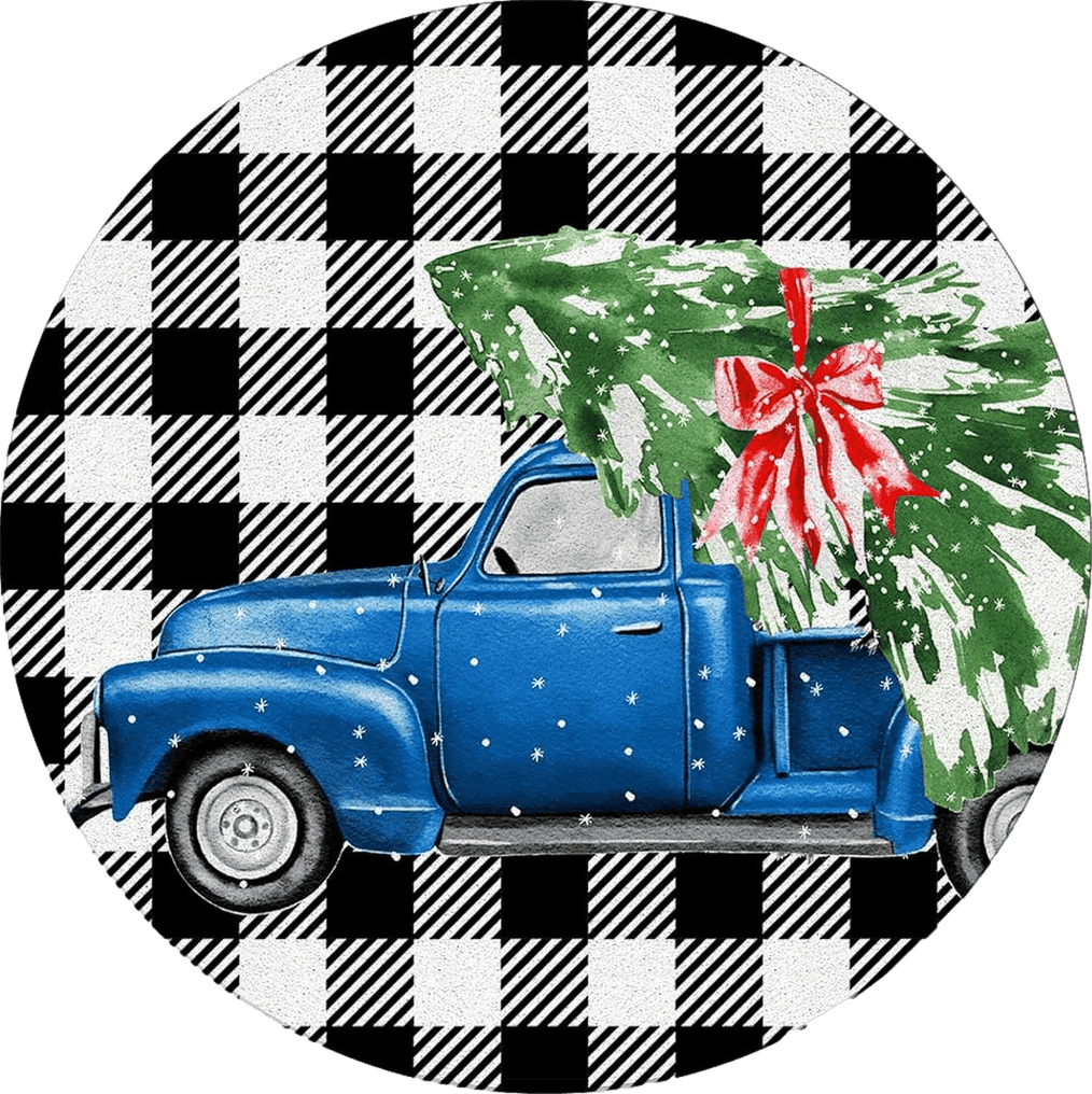 Outdoor Blue Christmas Truck Round Area Rug 3.3ft,Washable Outdoor Indoor Carpet Runner Rug for Bedroom,Kitchen,Bathroom,Living/Dining/Laundry Room,Office,Area+Rug Bath Door Mat Buffalo Plaid Black Xmas Tree