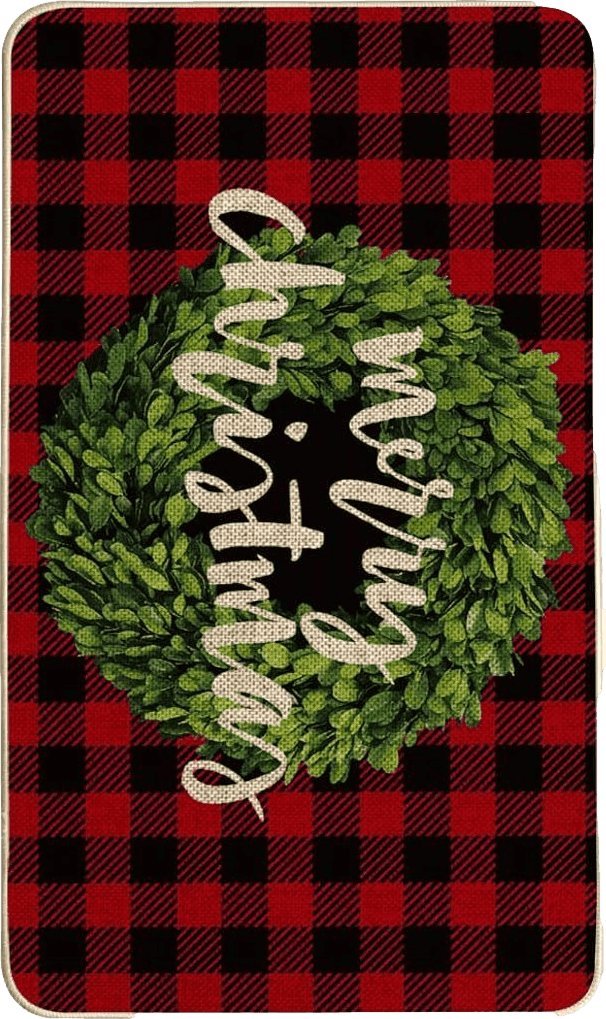 Outdoor Red Artoid Mode Buffalo Plaid Boxwood Wreath Merry Christmas Decorative Doormat, Seasonal Winter Xmas Holiday Low-Profile Floor Mat Switch Mat for Indoor Outdoor 17 x 29 Inch