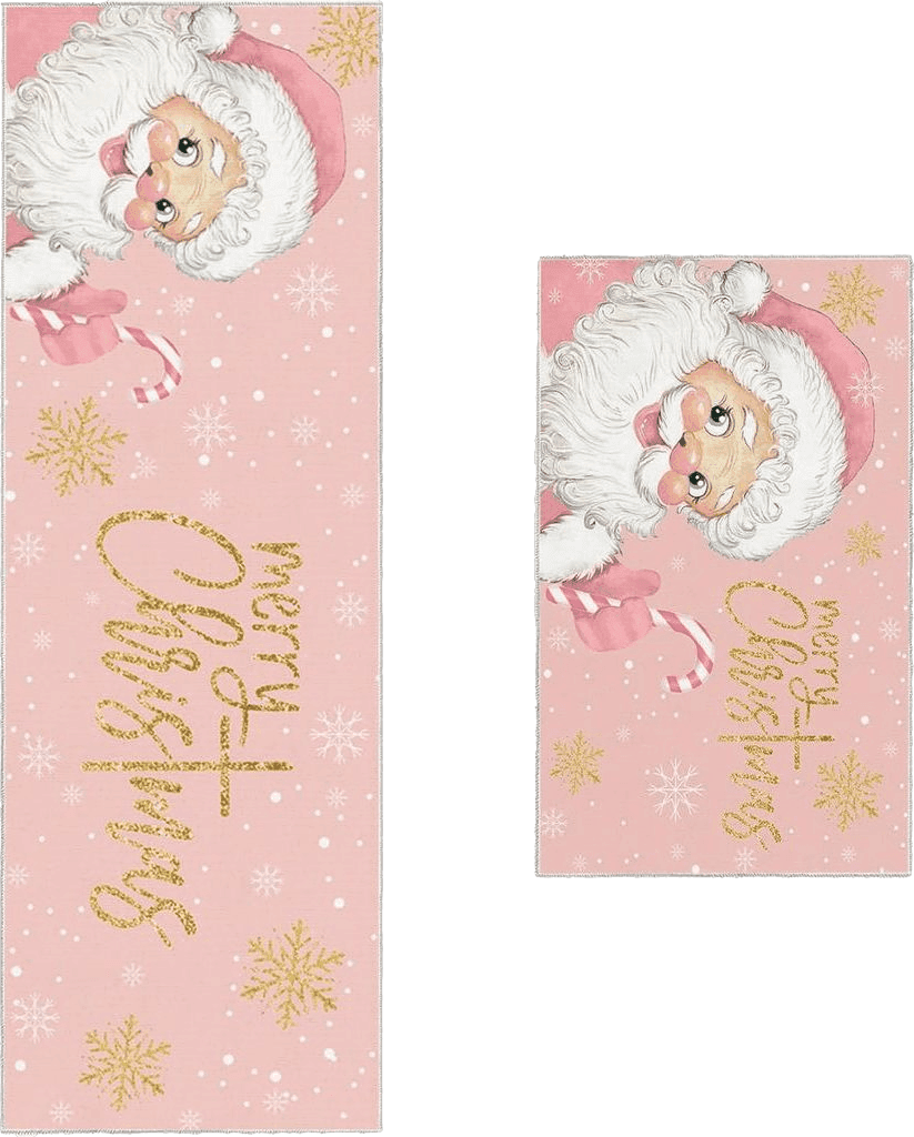 Christmas Pink Kitchen Mat 2 Pieces, Merry Christmas Pink Santa Claus Pink Texture Kitchen Rugs and Mats Non Slip Runner Rug Washable Floor Mats for Kitchen Home 18" x 30" + 18" x 48"