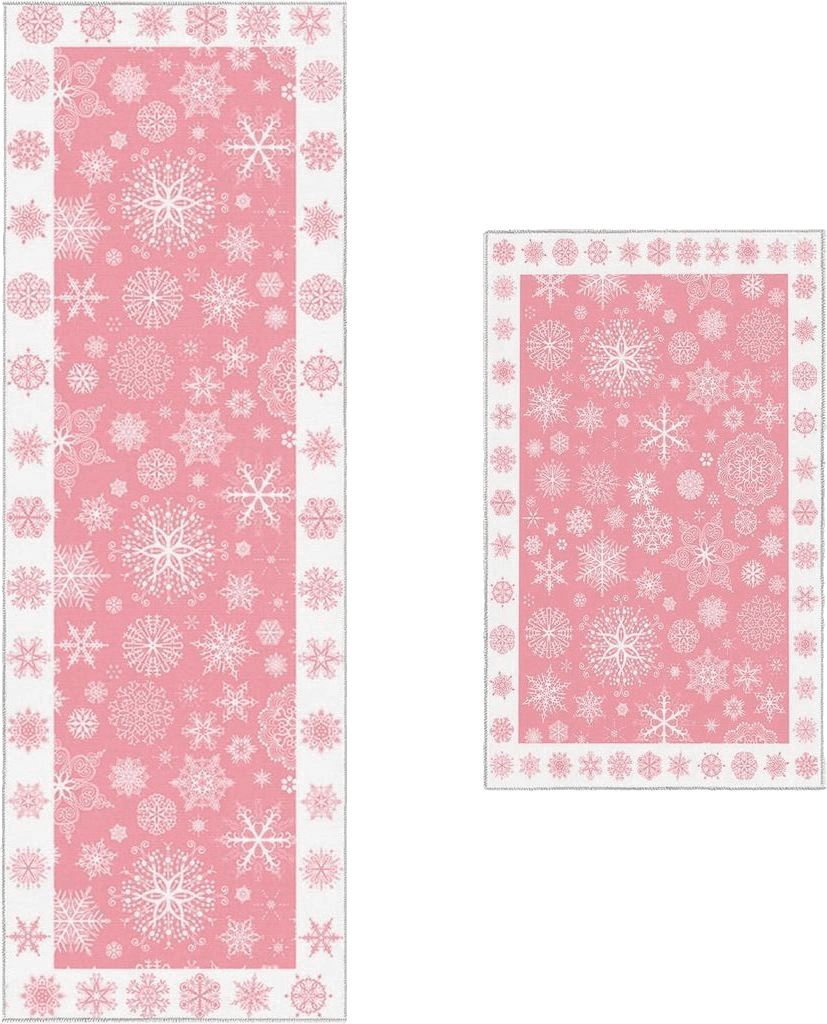 Christmas Pink Kitchen Mat 2 Pieces, Christmas Pink Snowflake Printing Kitchen Rugs and Mats Non Slip Runner Rug Washable Floor Mats for Kitchen Home 20" x 24" + 20" x 48"