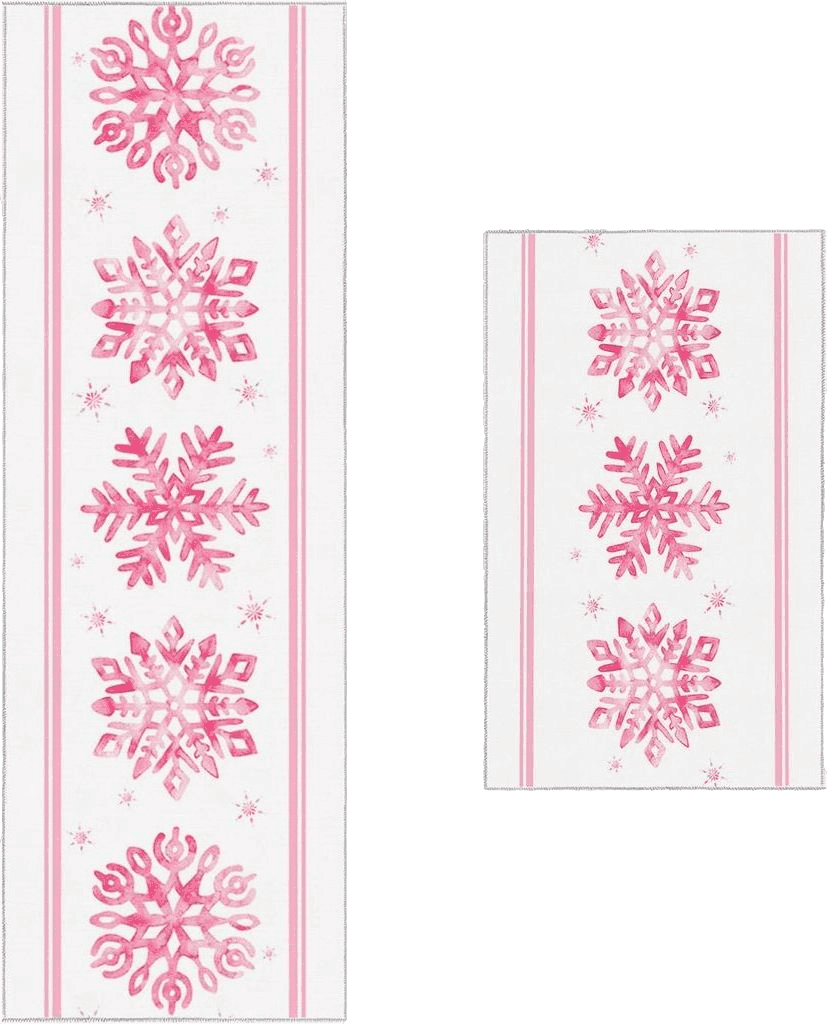 Kitchen Mat 2 Pieces, Christmas Pink Watercolor Snowflakes Kitchen Rugs and Mats Non Slip Runner Rug Washable Floor Mats for Kitchen Home 15.7" x 23.6" + 15.7" x 47.2"