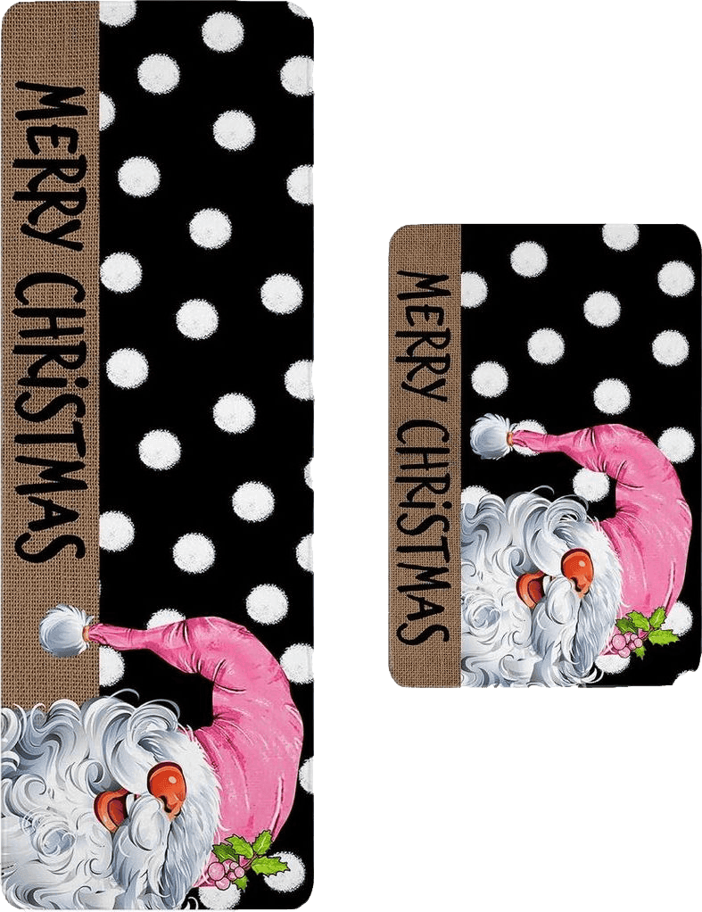 Merry Christmas Kitchen Rug 2 PCS, Non-Slip Soft Absorbent Standing Mats for Kitchen Bathroom Living Room Laundry Room Runner Rug Set Pink Xmas Gnomes White Polka Dots Black 16x24+16x47