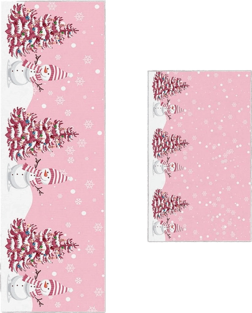 Christmas Pink Kitchen Mat 2 Pieces, Christmas Snowman Xmas Tree Winter Snowflake Pink Kitchen Rugs and Mats Non Slip Runner Rug Washable Floor Mats for Kitchen Home 20" x 24" + 20" x 48"