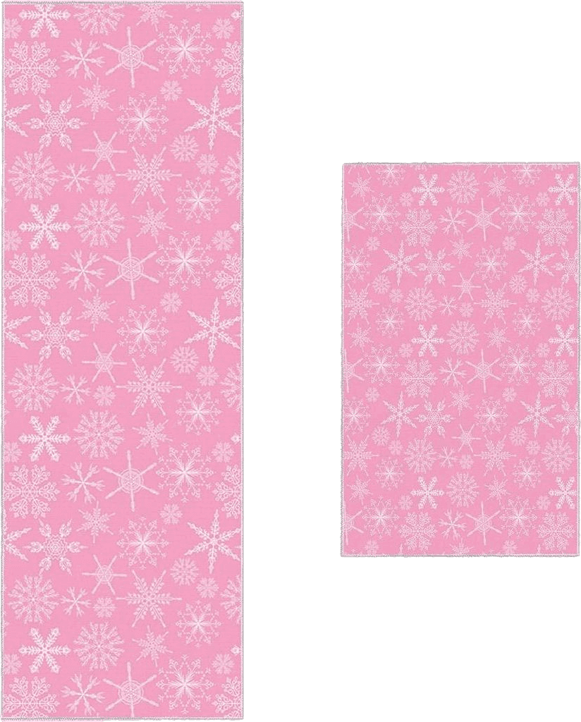 Christmas Pink Kitchen Mat 2 Pieces, Christmas Winter Snowflake Pink Kitchen Rugs and Mats Non Slip Runner Rug Washable Floor Mats for Kitchen Home 18" x 30" + 18" x 48"