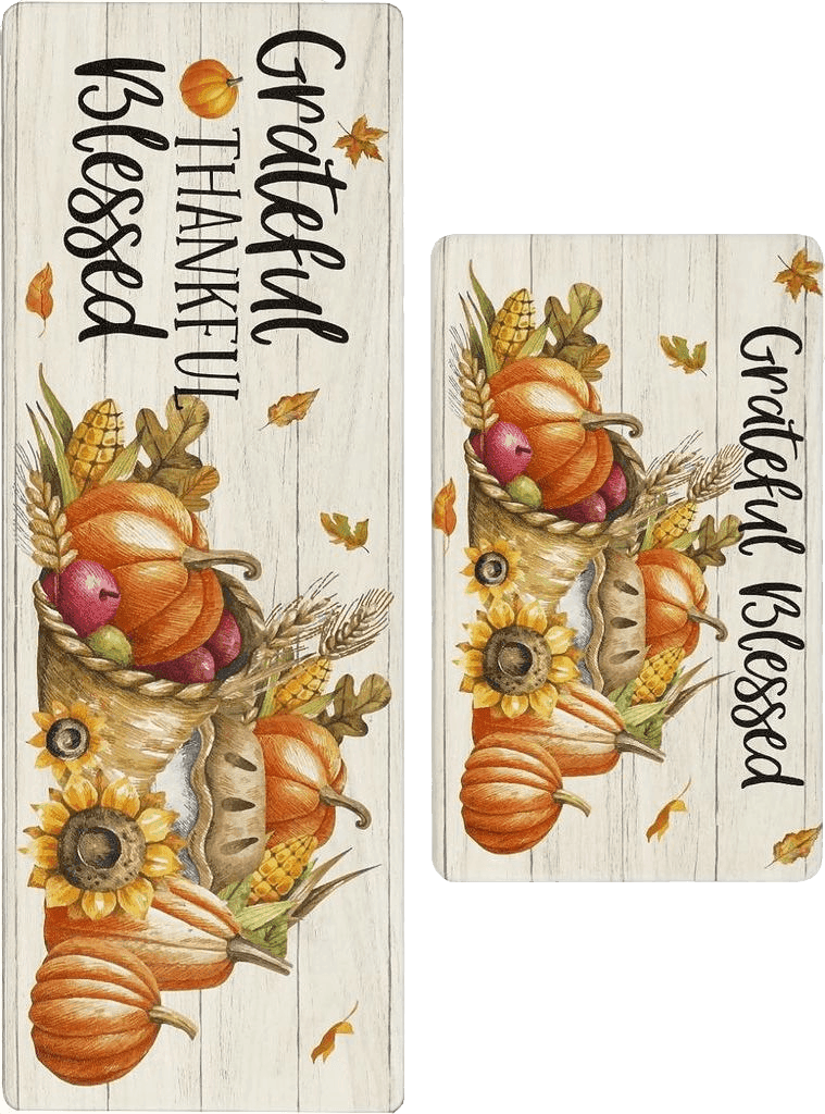 HEBE Pumpkin Kitchen Rugs Set of 2 Non Slip Fall Farmhouse Kitchen Floor Mat Cushioned Anti Fatigue Kitchen Mats for Floor Waterproof Kitchen Rug Runner Set Fall Autumn Thanksgiving Decor