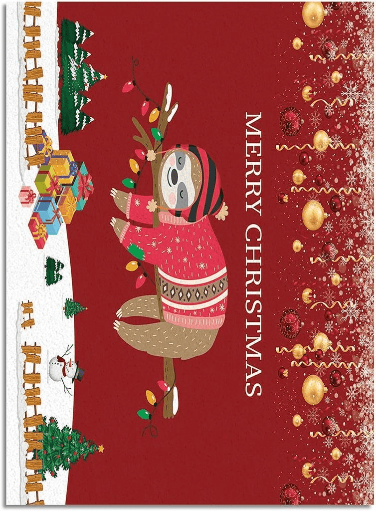 Area Rug 2x3 Feet, Christmas Winter Snowflake Snowman Sloth Xmas Tree Many Gifts on Red Rug, Rugs for Living Room Decor Bedroom Decor Kids Room, Non-Slip Living Room Rugs, Comrft Carpet Washable Rug