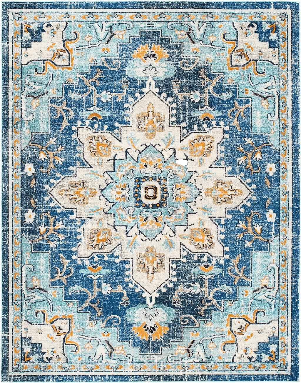 SAFAVIEH Madison Collection Area Rug - 5'3" x 7'6", Blue & Light Blue, Boho Chic Medallion Distressed Design, Non-Shedding & Easy Care, Ideal for High Traffic Areas in Living Room, Bedroom (MAD473M)