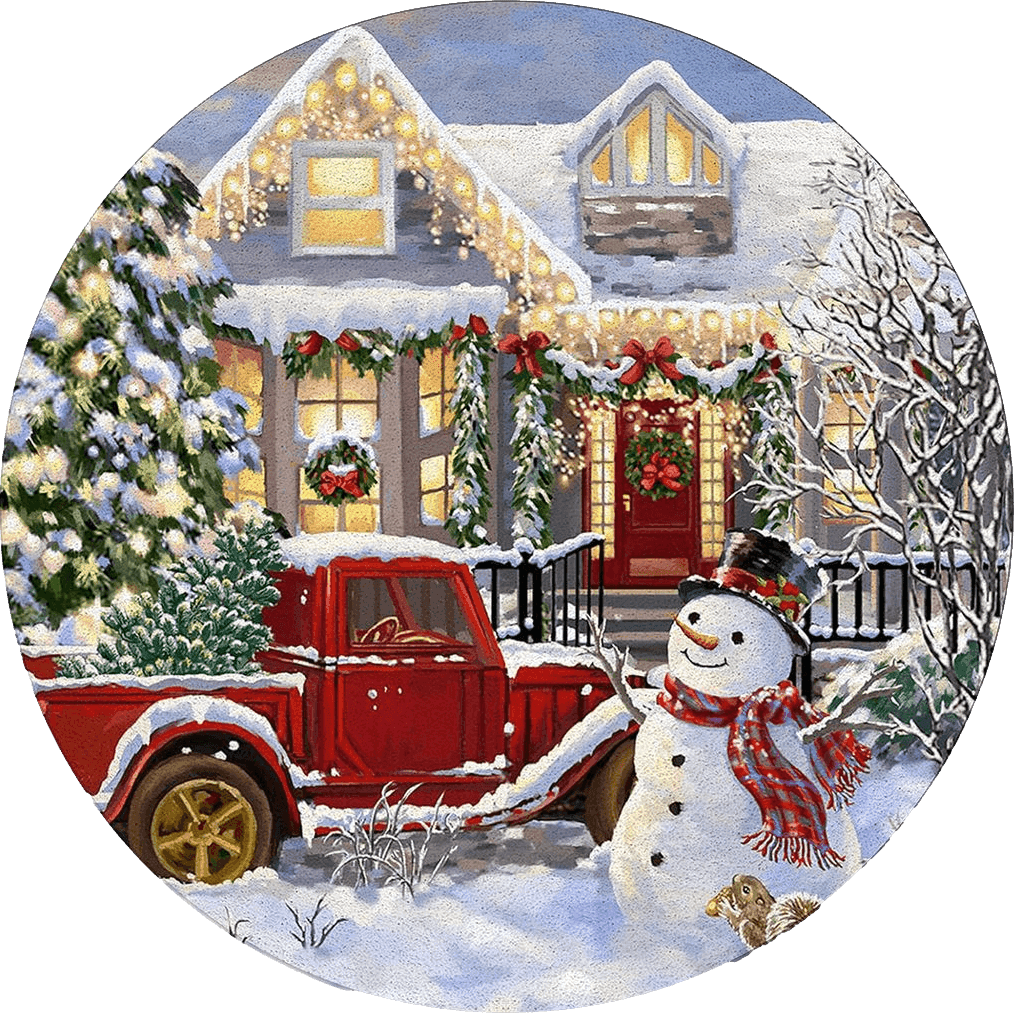 Christmas Snowman Round Area Rugs 5 ft Diameter Indoor Mats Farmhouse Happy New Year Red Truck Snowflake Xmas Tree Soft Living Room Bedroom Unique Carpet Woman Yoga Mat Home Decor