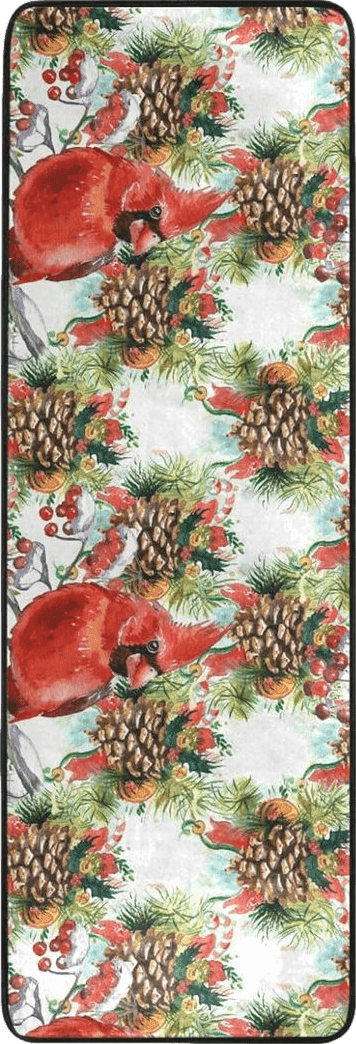 Cardinal Birds Fir Branch Runner Rugs for Hallway Kitchen, Watercolor Christmas Red Berries Washable Area Rug Non-Shedding Kitchen Mat Entry Carpet for Living Dining Playroom Nursery Laundry Bedside