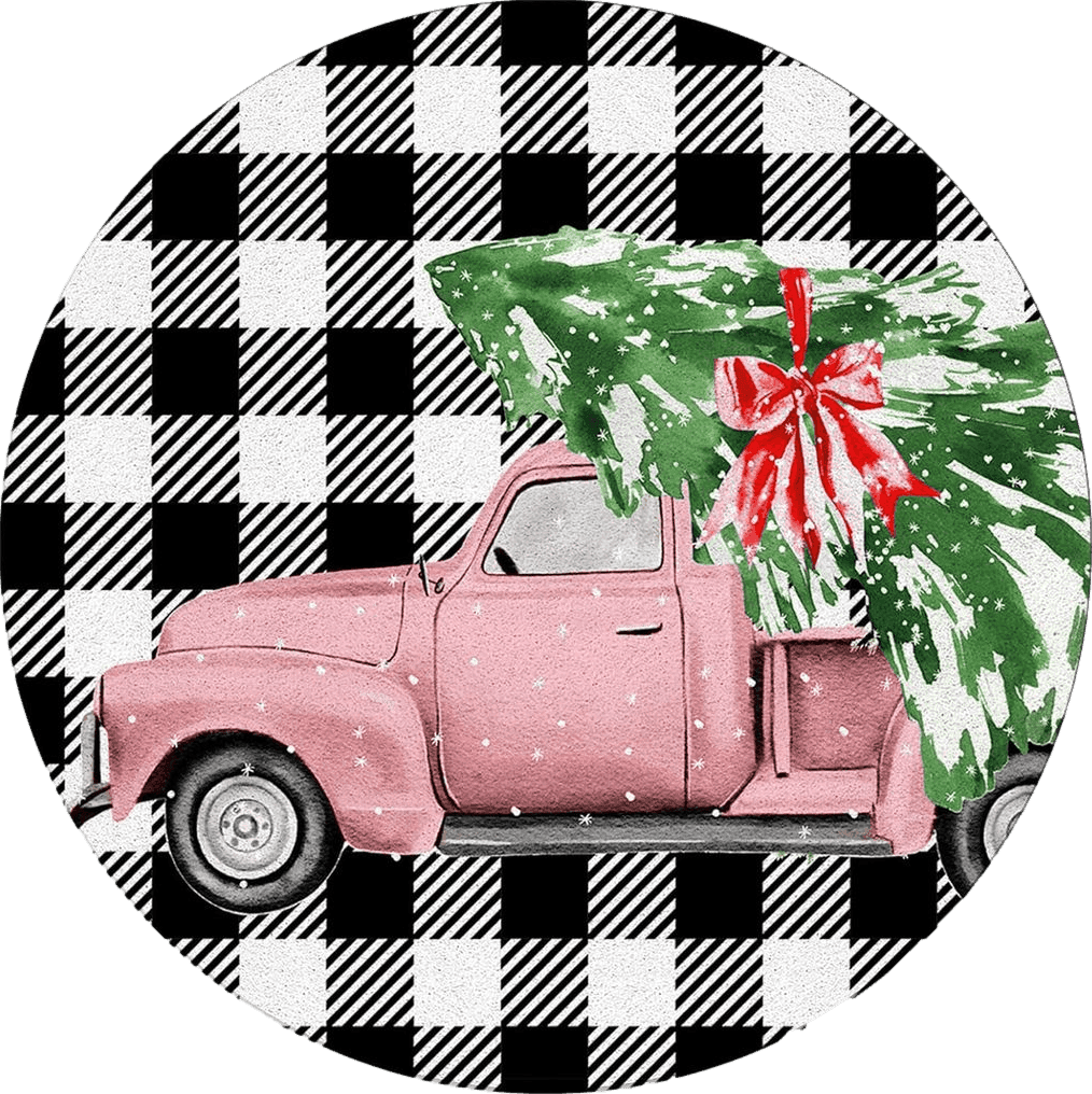 Christmas Pink Car Round Area Rug 3ft,Washable Outdoor Indoor Carpet Runner Rug for Bedroom,Kitchen,Bathroom,Living/Dining/Laundry Room,Office,Area+Rug Bath Door Mat Black White Buffalo Plaid Tree