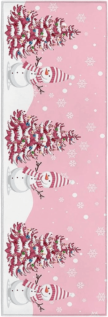 Kitchen Rugs Long Floor Door Mats Absorbent Entryway Rug Winter Christmas Cute Snowman Indoor Carpet Non-Slip Area Runner,Xmas Tree Snowflake on Pink Entrance Doormat for Bedroom Bathroom