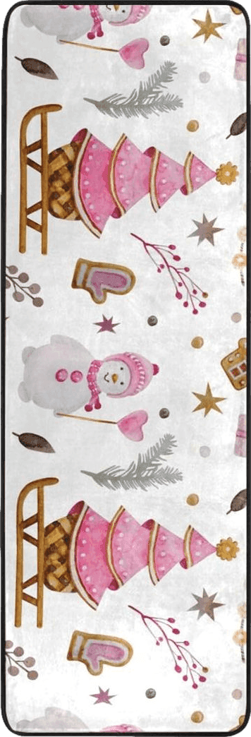 Pink Christmas Snowman Area Rug Non Skid, Winter Theme Xmas Washable Hallway Runner Rugs Laundry Room Rug Mats Soft Kitchen Absorbent Floor Mat Carpet for Entrance Bedroom Living Room 72x24in