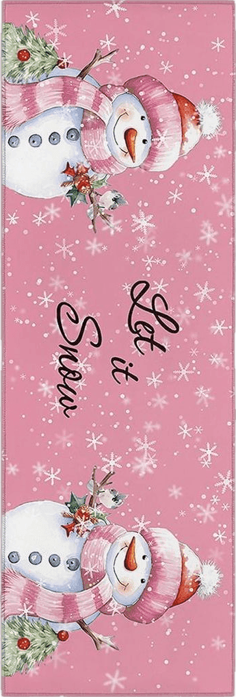 Kitchen Rugs Long Floor Door Mats Absorbent Entryway Rug Winter Christmas Snowman Bird Indoor Carpet Non-Slip Area Runner,White Snowflake on Pink Entrance Doormat for Bedroom Bathroom