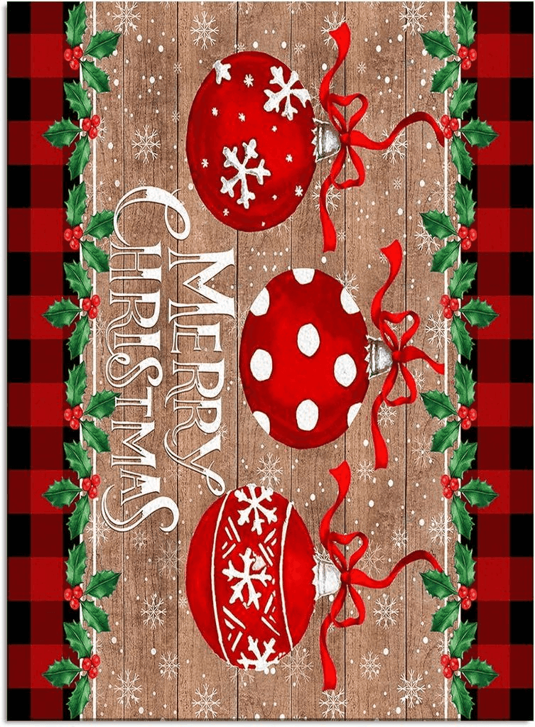 Area Rug, Red Buffalo Plaid Wood Grain Christmas Buffalo Plaid Ball Rug, 2x3 Feet Rugs for Living Room Bedroom Kids Room Kids Room Nursery Classroom, Non-Slip Comrft Carpet Washable Rug