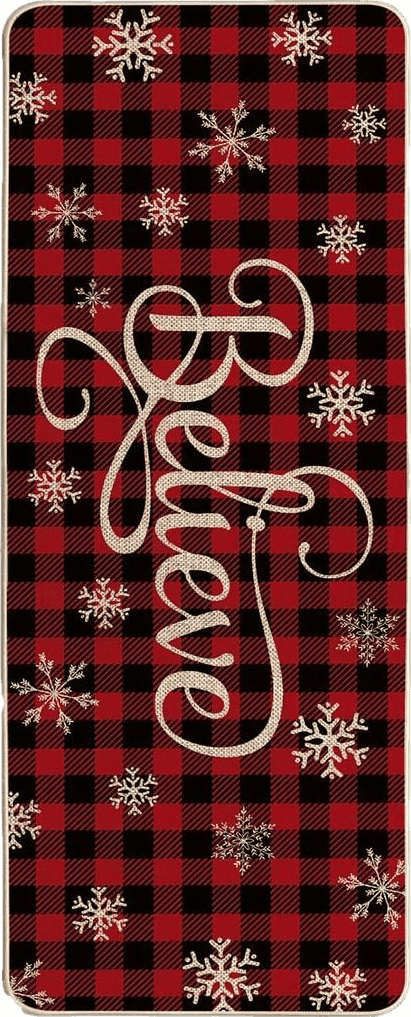 Disney Artoid Mode Buffalo Plaid Snowflake Believe Decorative Doormat, Seasonal Winter Christmas Holiday Low-Profile Floor Mat Switch Mat for Indoor Outdoor 17 x 47 Inch