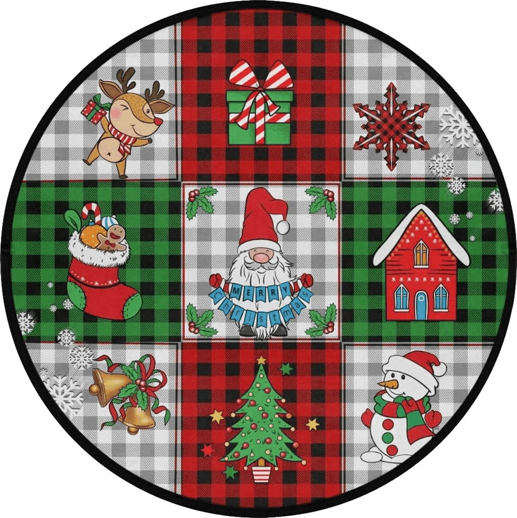 keepcute Round Area Rug Christmas Decorative Doormat, Buffalo Plaid Merry Christmas Indoor Decorative Rug