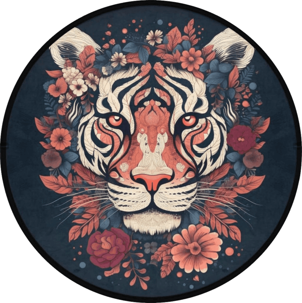 Vnurnrn Round Area Rug Flower Tiger Portrait, 3 Ft Indoor Throw Area Rug Circle Carpet Floor Mat for Living Room Door Entryway Bedroom Home Decor