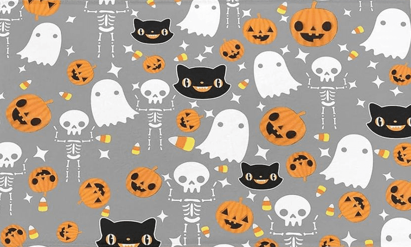 Halloween Cartoon Skeleton Ghost and Pumpkins Plush Shag Bath Rugs Halloween Soft Fluffy Floor Doormat Carpet,Non-Slip Door Mats for Living Room Bedroom Kitchen Entryway Grey