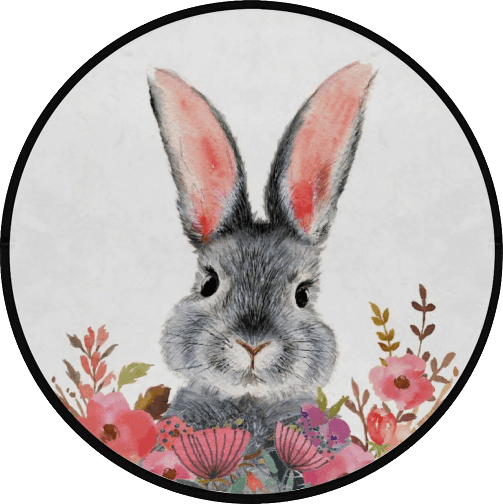 Fluffy Pink Kuizee Round Area Rug Mat Watercolor Cute Fluffy Grey Rabbit Flowers Living Room Bedroom Bathroom Kitchen Home Decor Coral Velvet Non-Slip Round Carpet 36 Inch