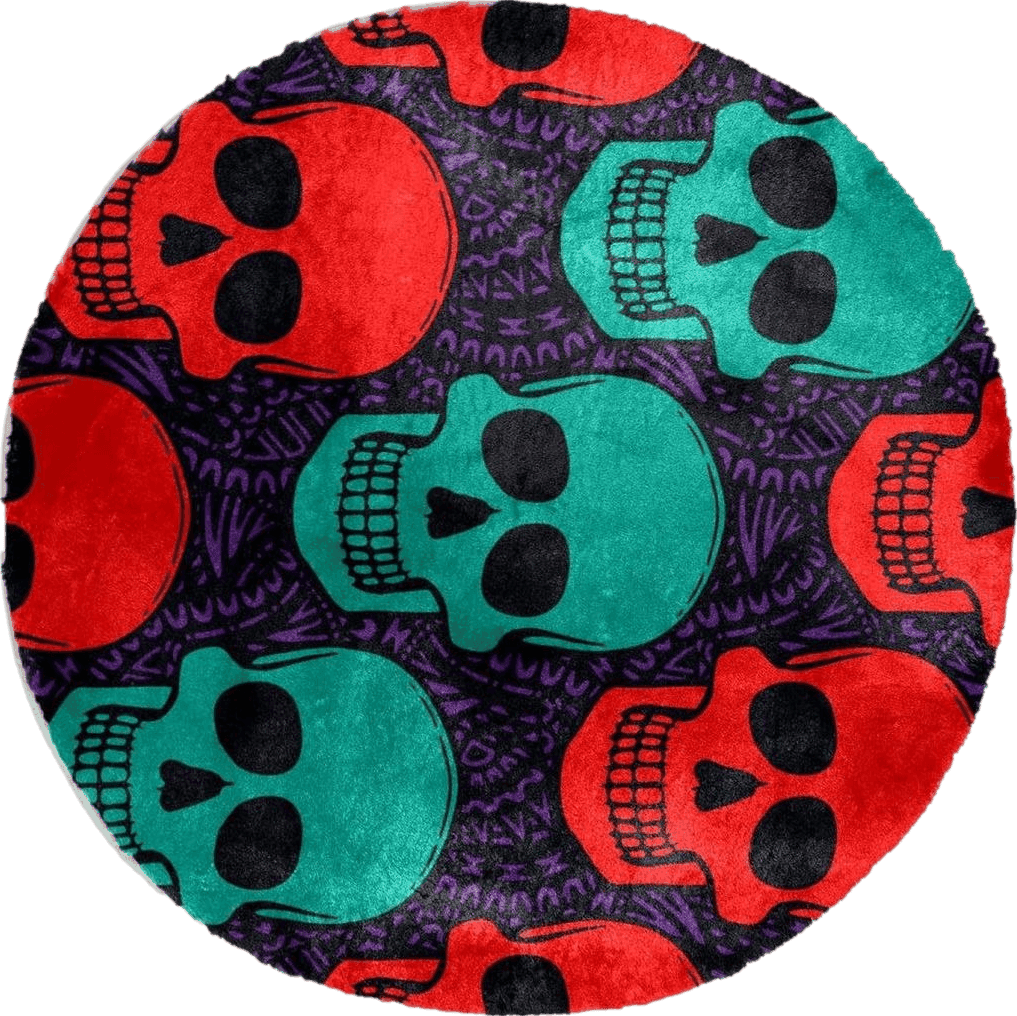 Fluffy Red Dragon Sword Faux Fur Area Rug, Round Fluffy Rugs for Bedroom and Nursery Room, Boho Punk Red and Green Skull Head