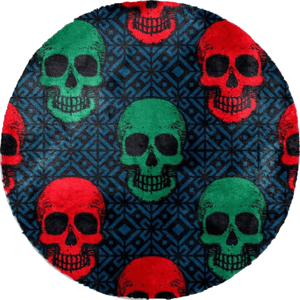 Fluffy Red Green Red Retro Skull Pattern Soft Round Rug, Fluffy Furry Circle Rug for Teens Kids Baby Girls Boys Room,Fuzzy Plush Circular Carpet Dorm,Bedroom,Nursery Room Home Decor