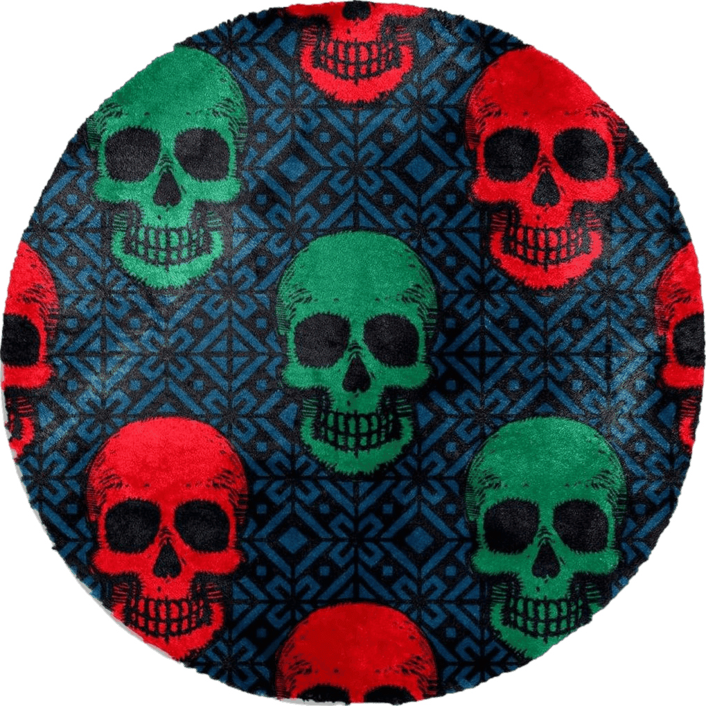Dragon Sword Faux Fur Area Rug, Round Fluffy Rugs for Bedroom and Nursery Room, Boho Punk Red and Green Skull Head