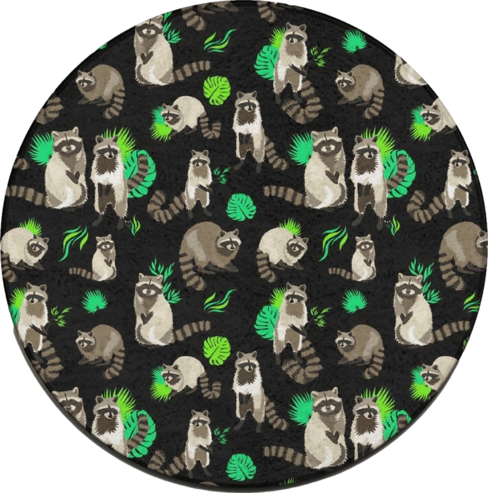 Fluffy Green Comfortable Round Area Rug Soft Entry Doormats, Easy Care & Stain Resistant, Floor Carpet Mat for Bedroom, Living Room, Black Green Leaves Cute Raccoon