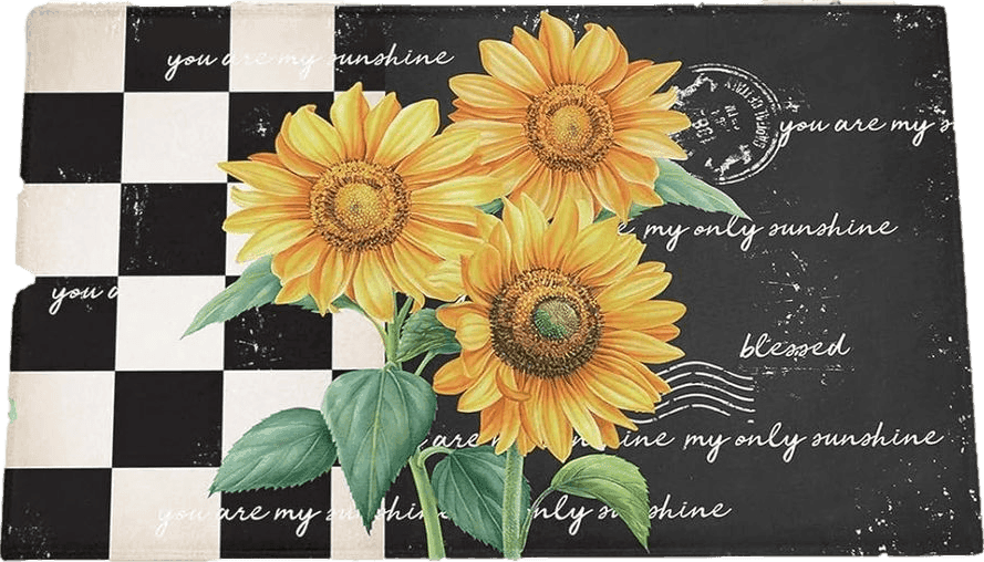 Fluffy Yellow Farm Sunflowers Plush Shag Bath Rugs Yellow Flowers Vintage Plaid Soft Fluffy Floor Doormat Carpet,Non-Slip Door Mats for Living Room Bedroom Kitchen Entryway Black White